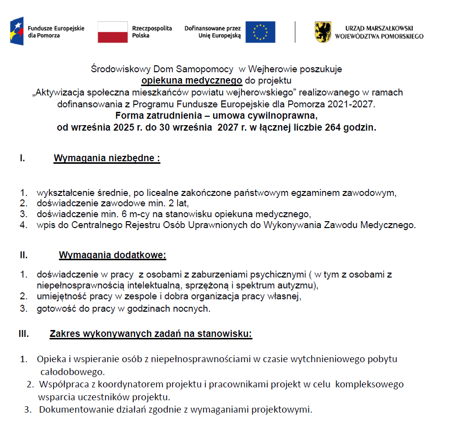 Grafika informacyjna z napisem „Nabór na opiekuna medycznego – ŚDS Wejherowo”
