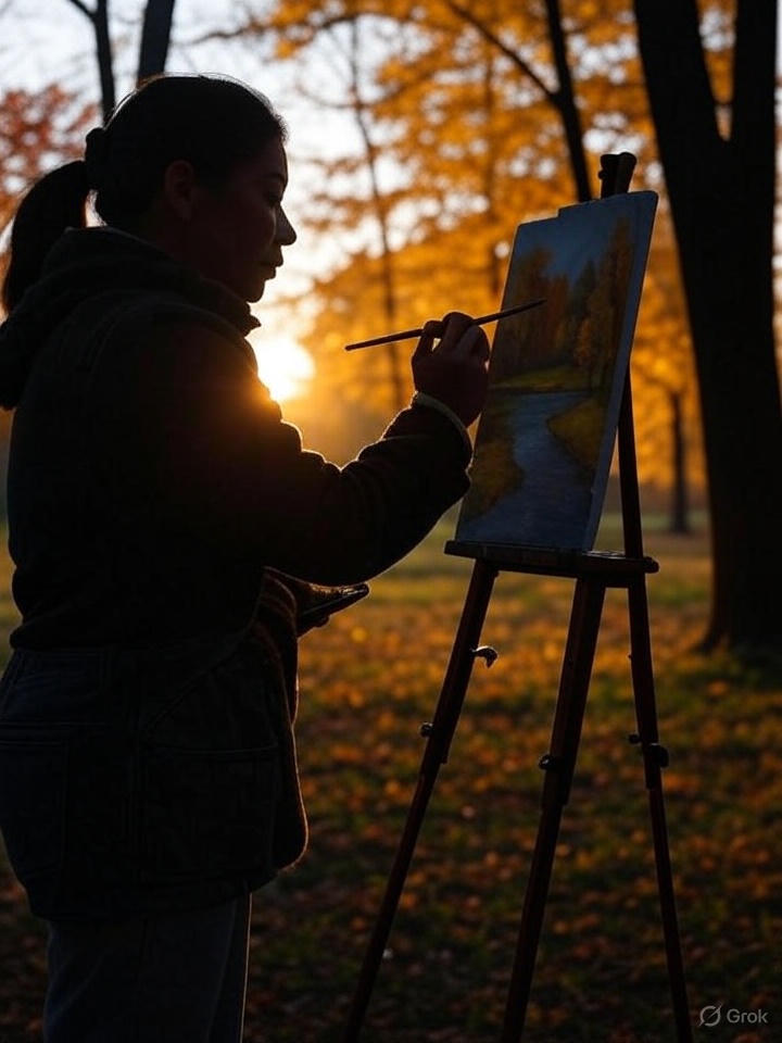 Sylwetka osoby malującej jesienny pejzaż na sztaludze, w tle drzewa o złotych i czerwonych liściach, z widocznym słońcem.