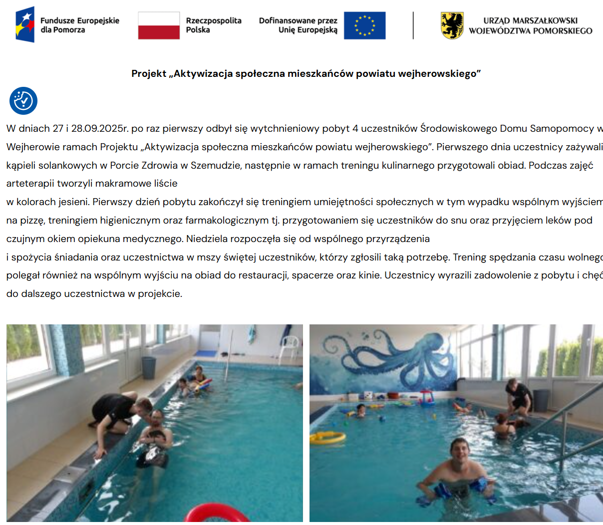 Zajęcia na basenie podczas pobytu wytchnieniowego uczestników ŚDS